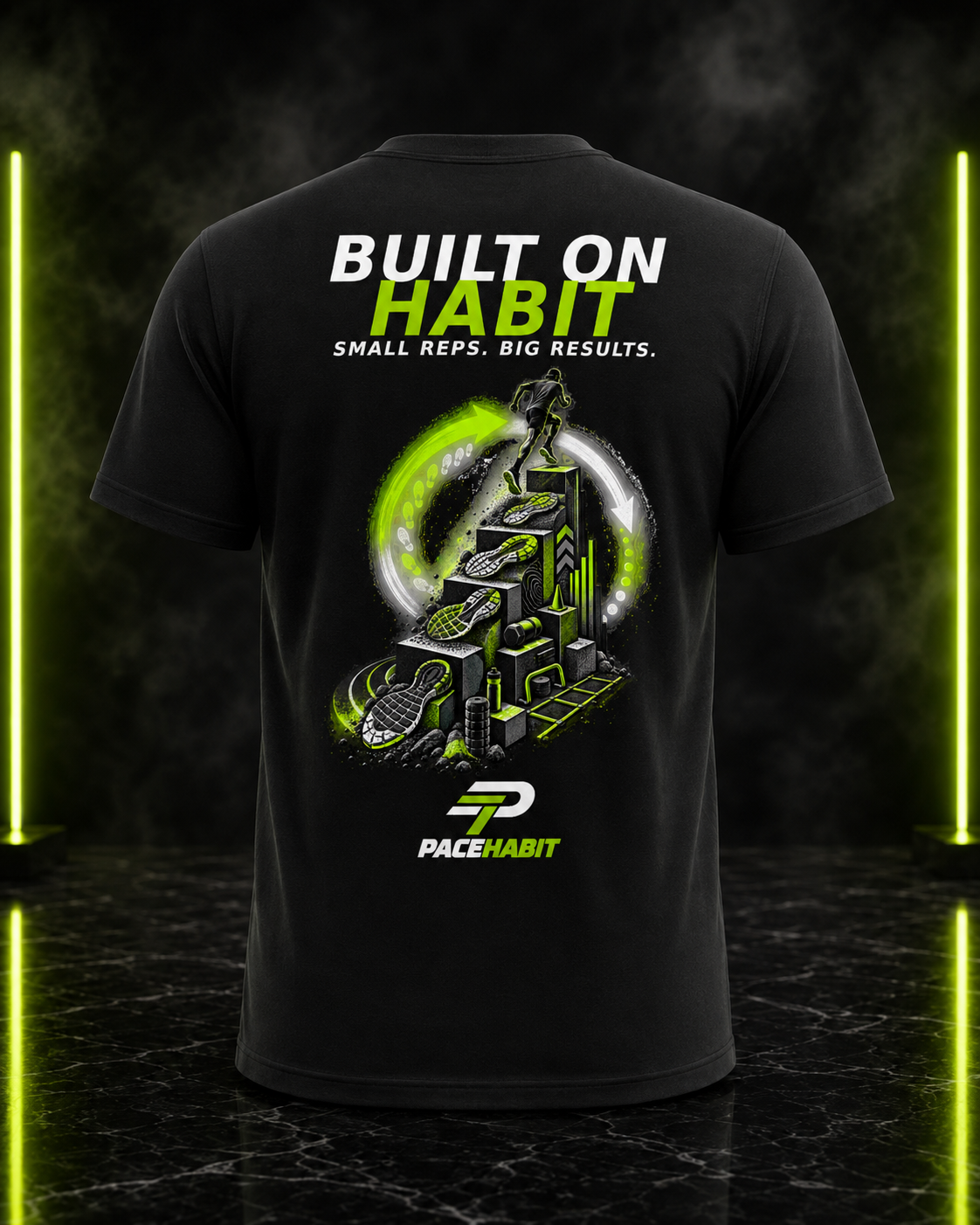 PACEHABIT Built on Habit running tee back view with runner training artwork