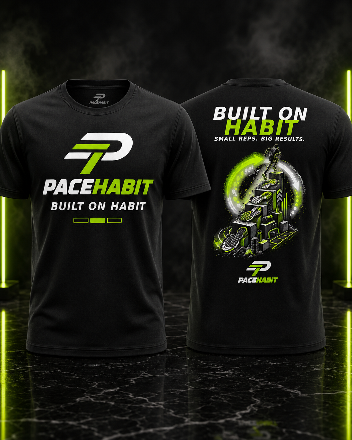 PACEHABIT Built on Habit running tee front and back view in black