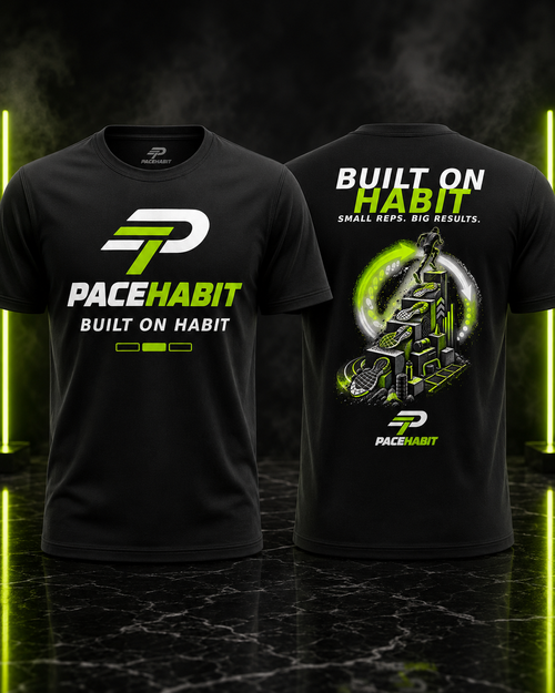 PACEHABIT Built on Habit running tee front and back view in black