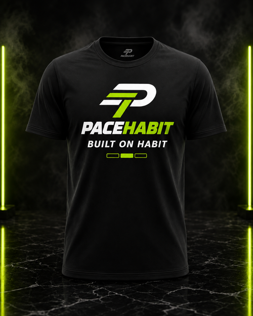 PACEHABIT Built on Habit running tee front view with neon lime and white design