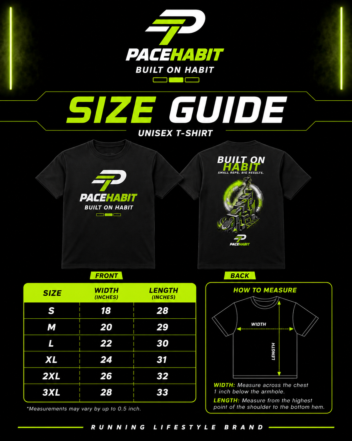 PACEHABIT Built on Habit unisex running tee size guide