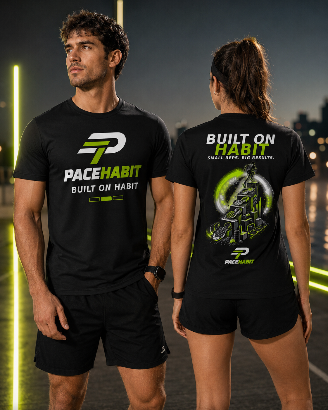 PACEHABIT Built on Habit unisex running tee fit on male and female models
