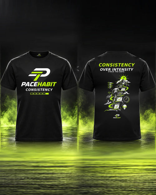 PACEHABIT Consistency Over Intensity black running tee showing front and back prints