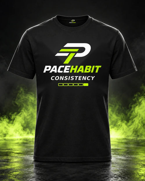 PACEHABIT Consistency Over Intensity black running tee front view with chest logo and inner neck label