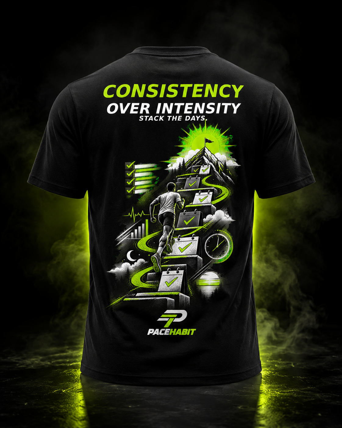 PACEHABIT Consistency Over Intensity running tee back view with progress artwork