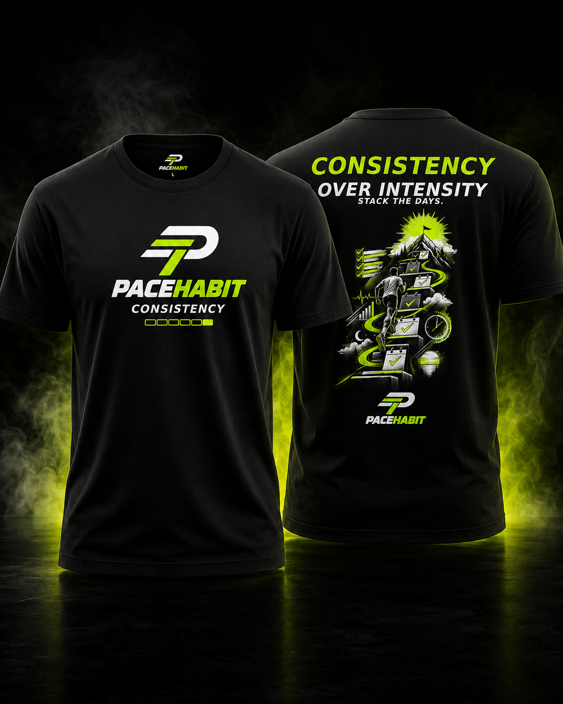 PACEHABIT Consistency Over Intensity running tee front and back view in black