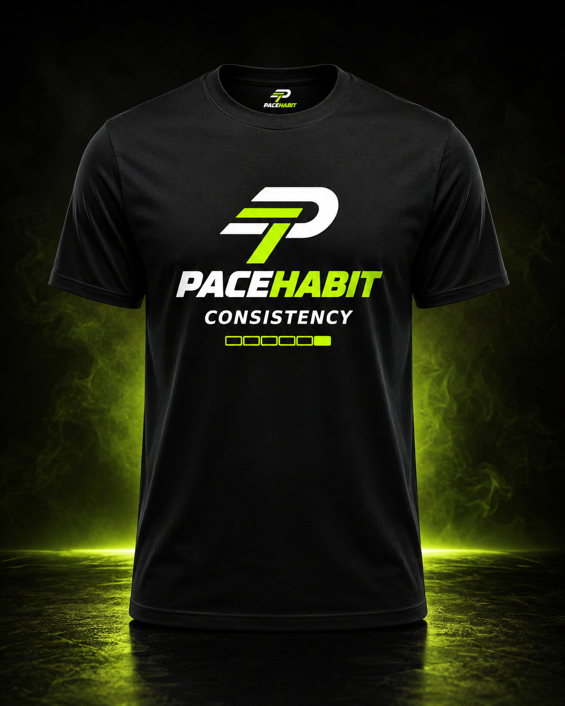 PACEHABIT Consistency Over Intensity running tee front view with neon lime and white design