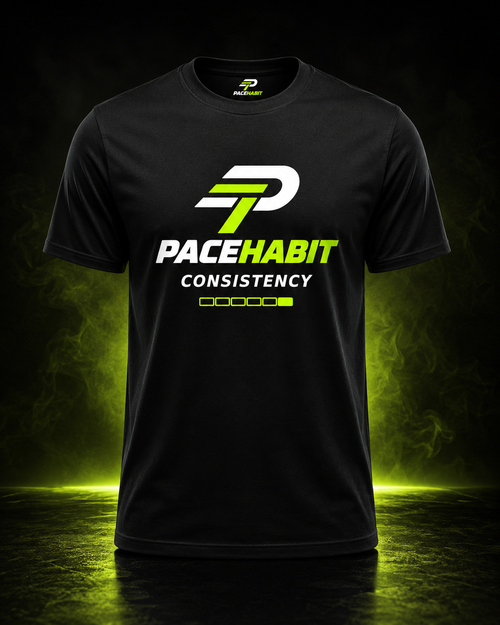 PACEHABIT Consistency Over Intensity running tee front view with neon lime and white design