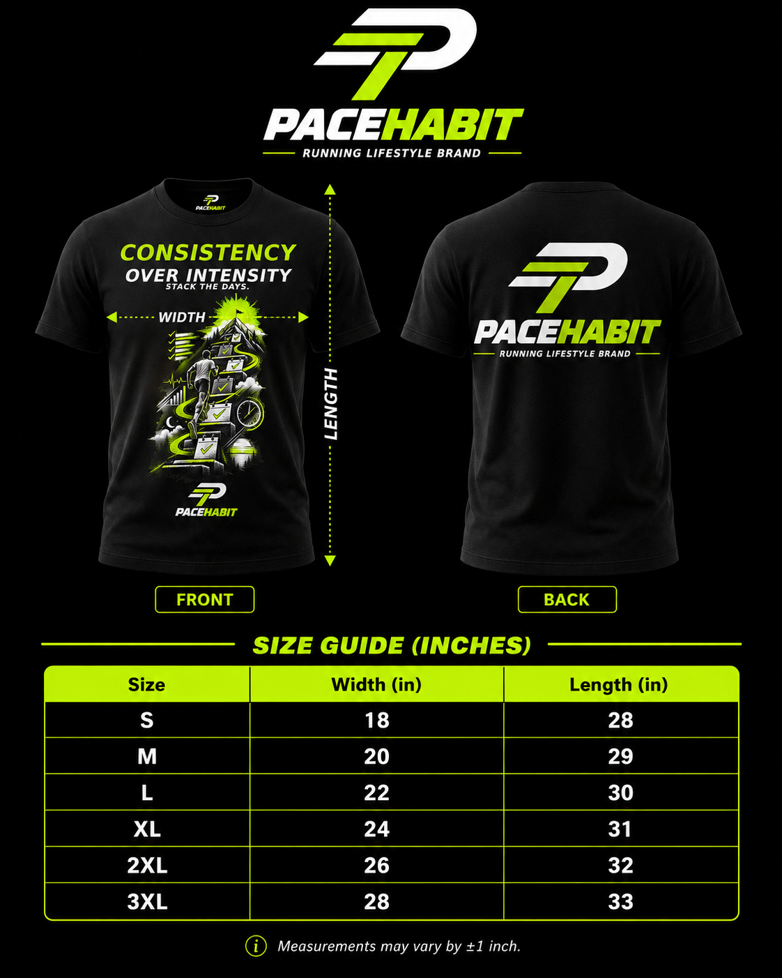 PACEHABIT Consistency Over Intensity unisex running tee size guide