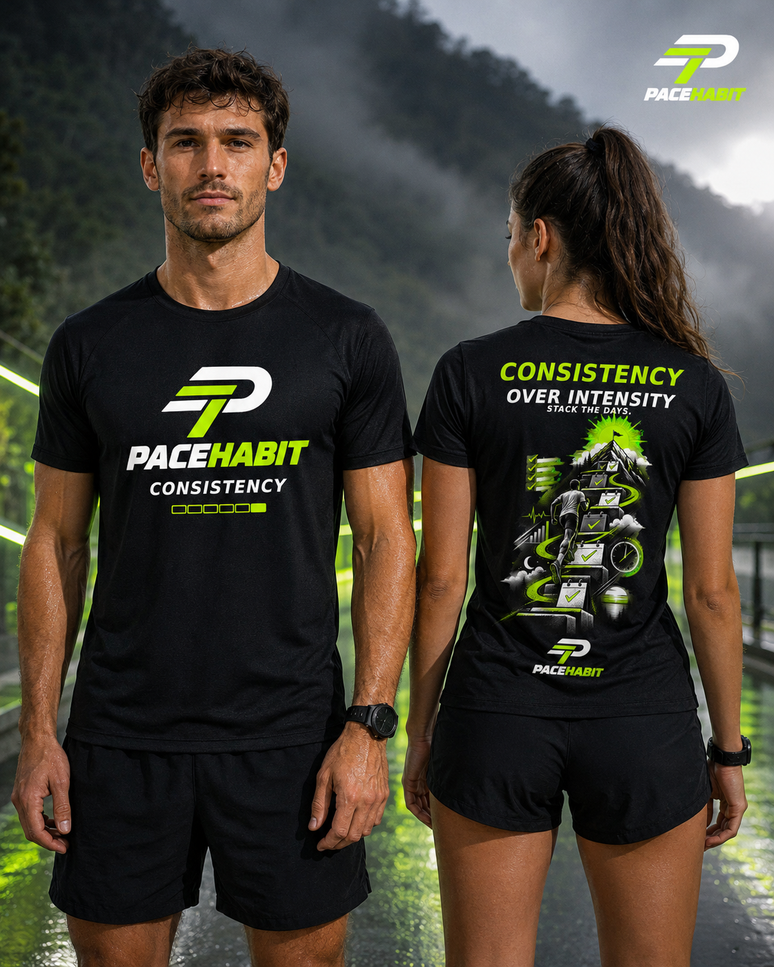 PACEHABIT Consistency Over Intensity unisex running tee fit on male and female models