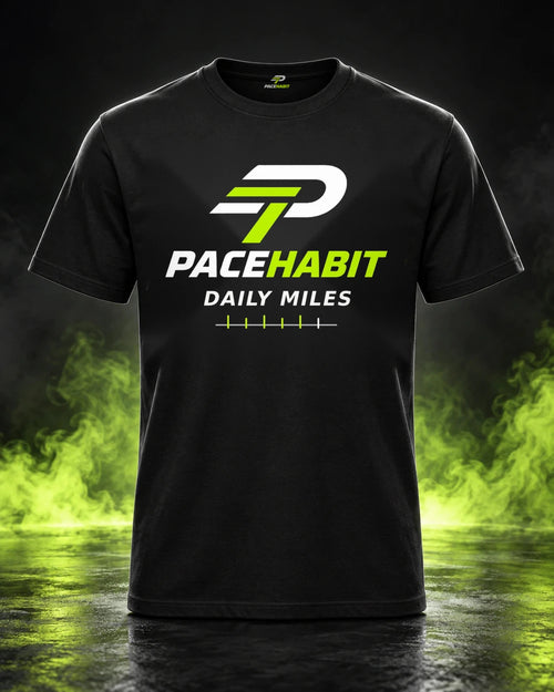 PACEHABIT Daily Miles Department black running tee front view with chest logo and inner neck label