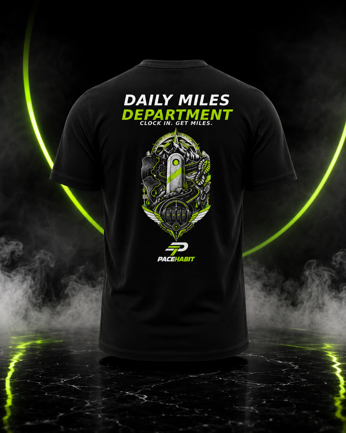 PACEHABIT Daily Miles Department running tee back view with route artwork
