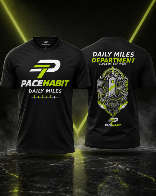 PACEHABIT Daily Miles Department running tee front and back view in black