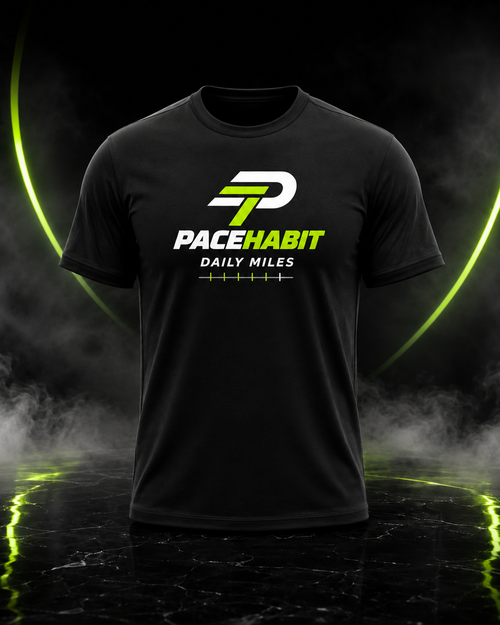 PACEHABIT Daily Miles Department running tee front view with neon lime and white design