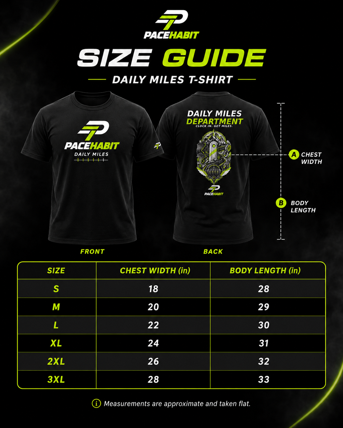 PACEHABIT Daily Miles Department unisex running tee size guide