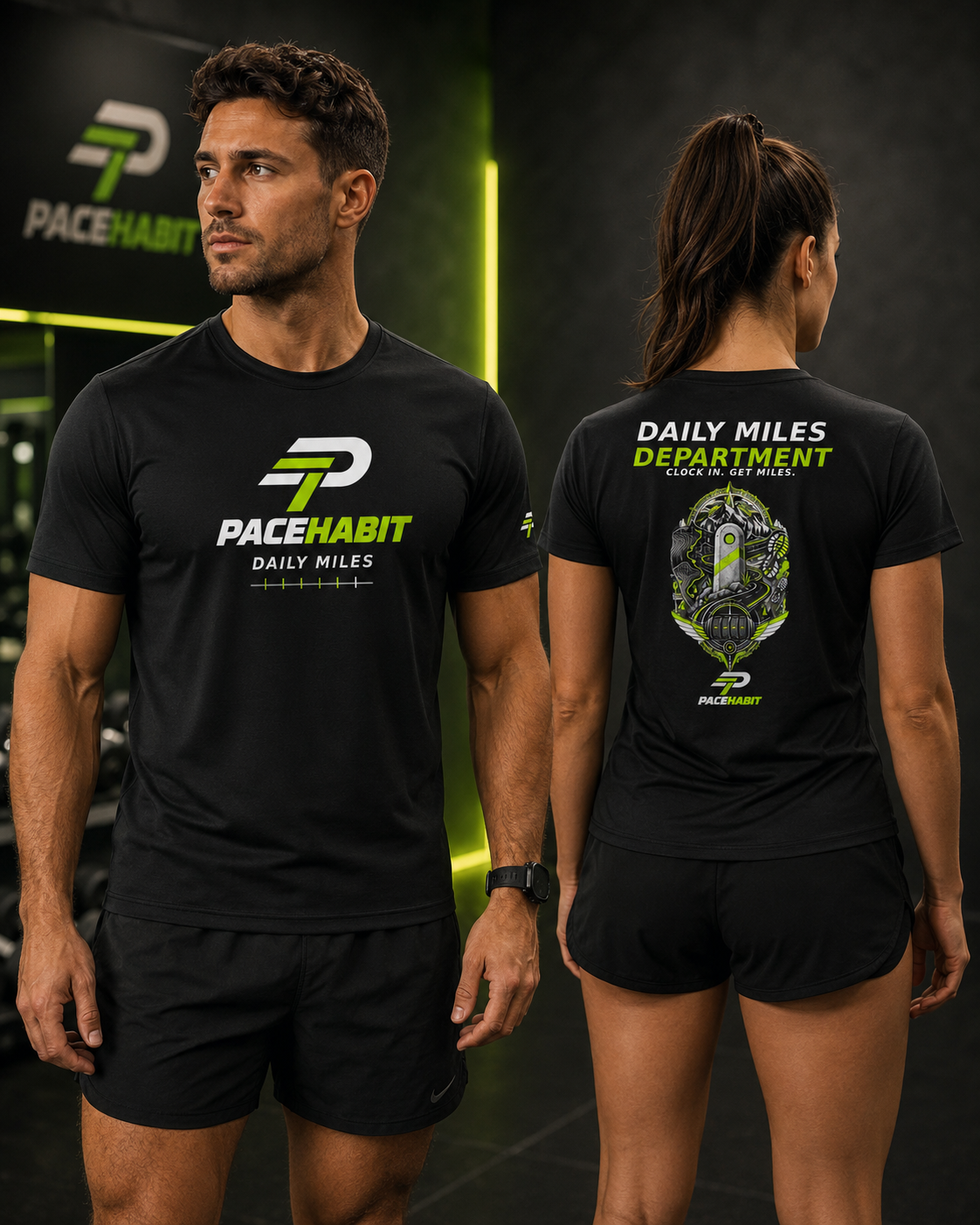 PACEHABIT Daily Miles Department unisex running tee fit on male and female models