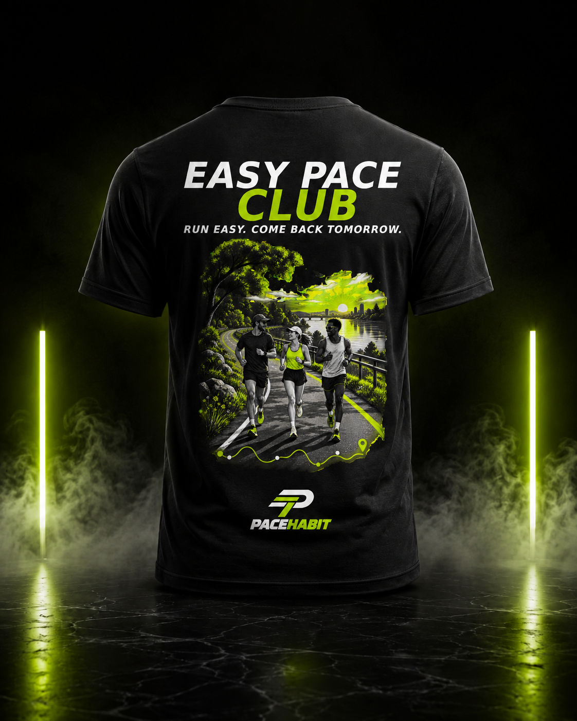 PACEHABIT Easy Pace Club running tee back view with riverside group running artwork