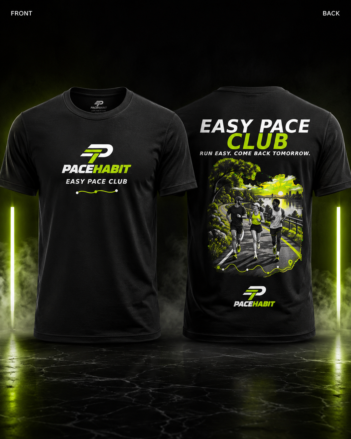 PACEHABIT Easy Pace Club running tee front and back view in black