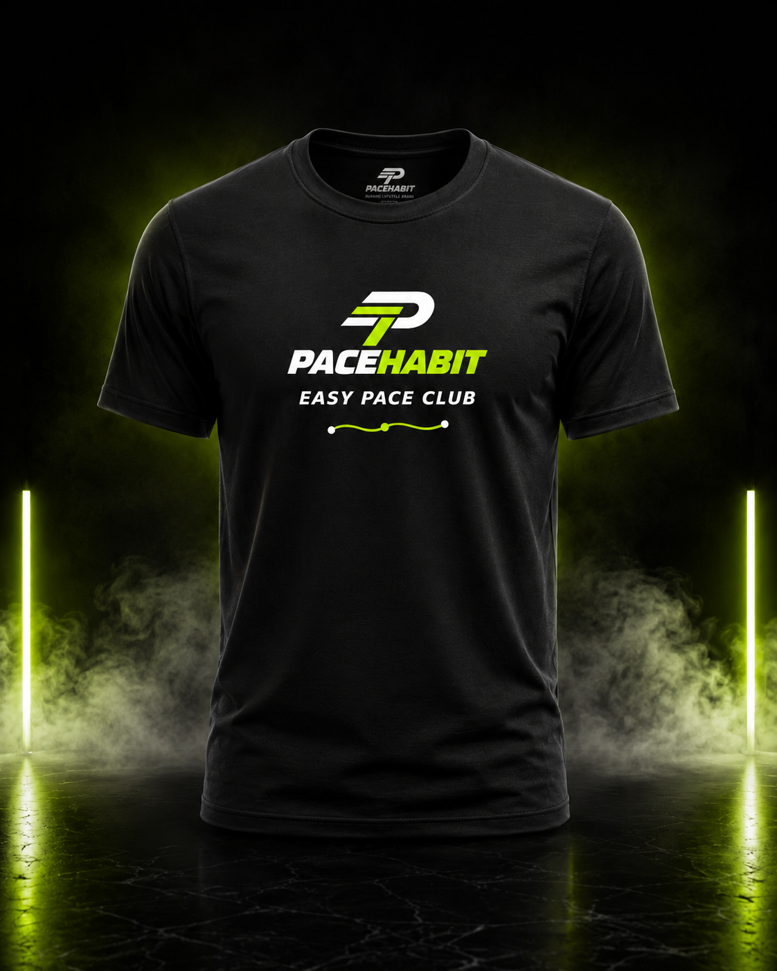 PACEHABIT Easy Pace Club running tee front view with neon lime and white design