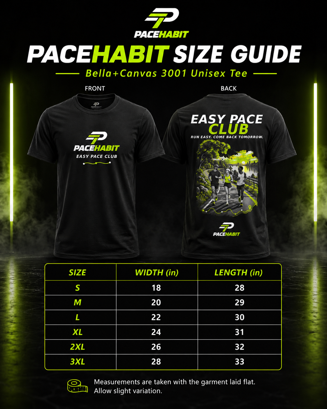 PACEHABIT Easy Pace Club unisex running tee size guide