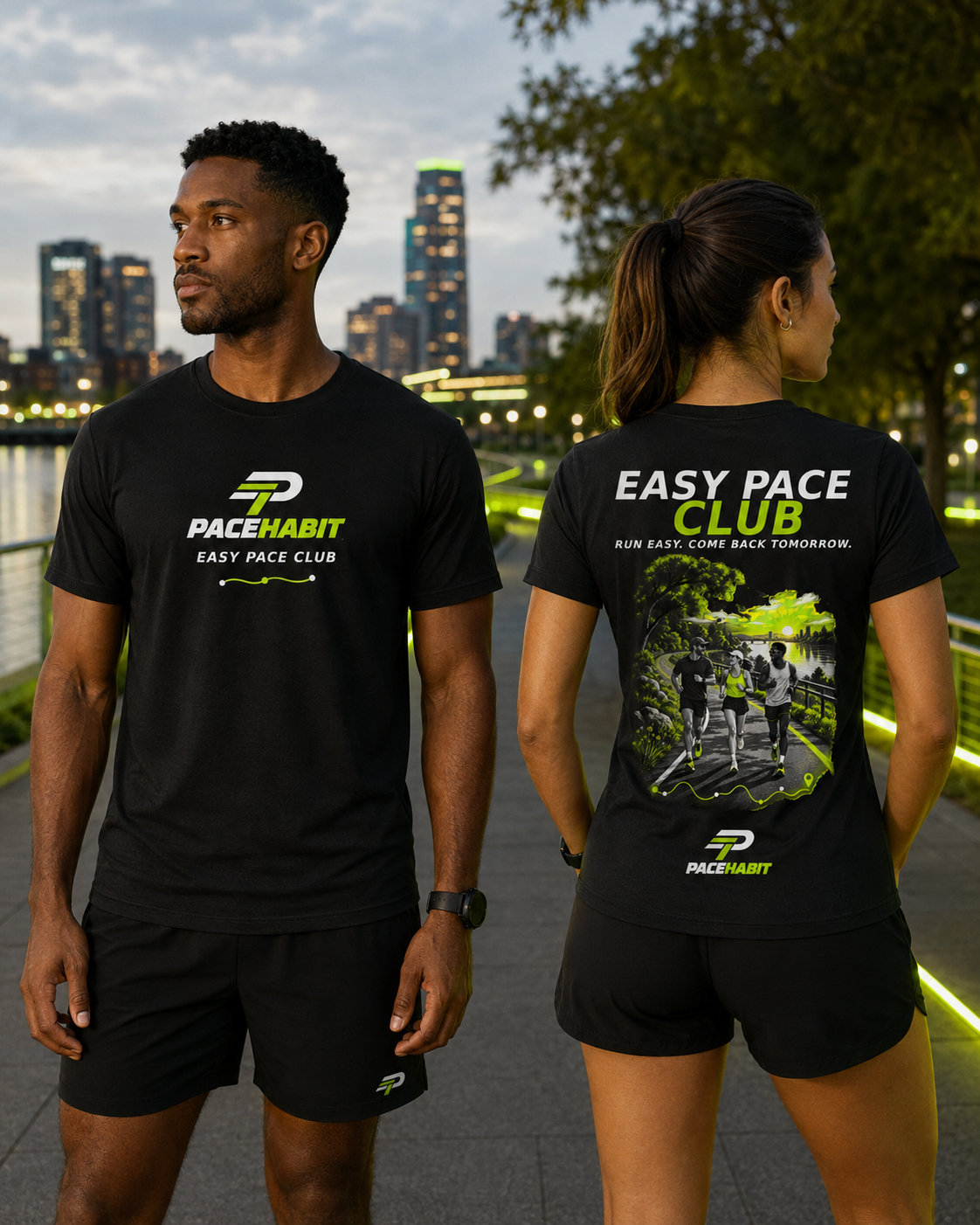PACEHABIT Easy Pace Club unisex running tee fit on male and female models