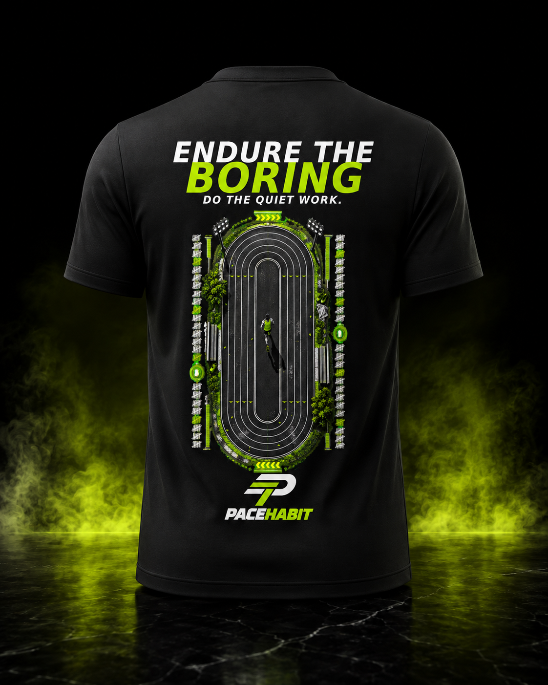 PACEHABIT Endure the Boring running tee back view with track running artwork