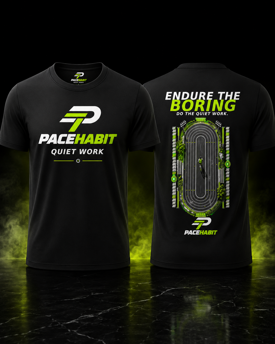 PACEHABIT Endure the Boring running tee front and back view in black