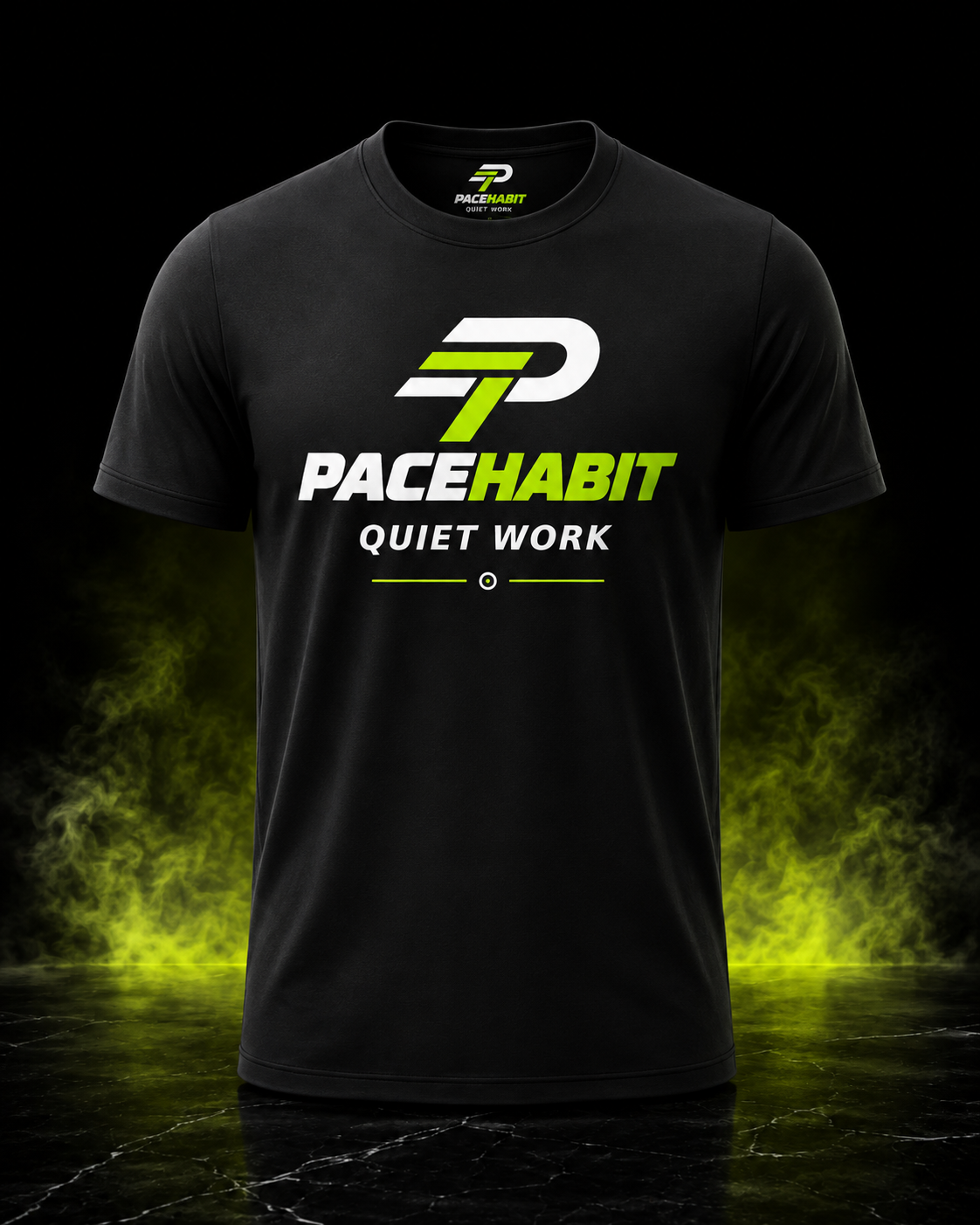 PACEHABIT Endure the Boring running tee front view with Quiet Work design