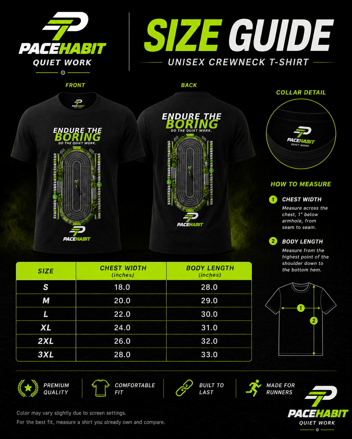 PACEHABIT Endure the Boring unisex running tee size guide