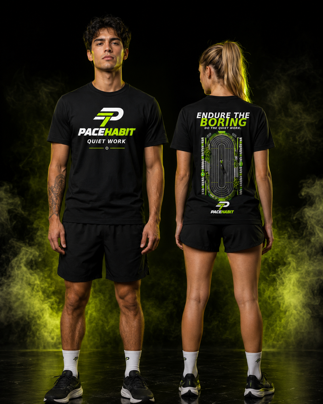 PACEHABIT Endure the Boring unisex running tee fit on male and female models