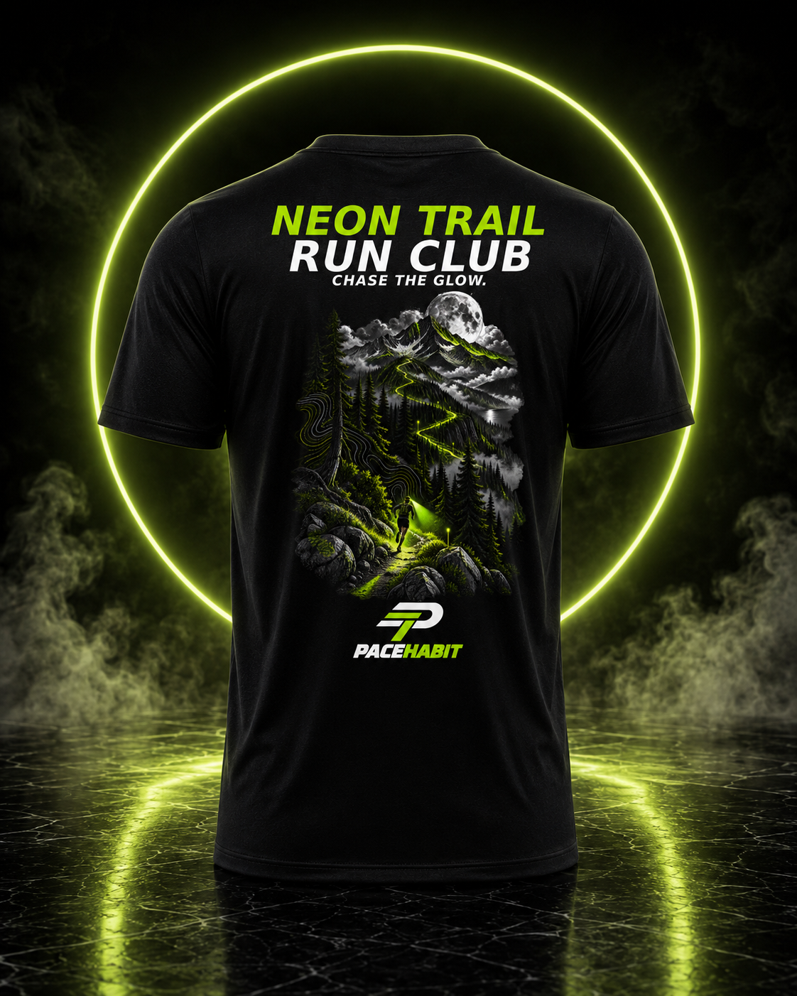 PACEHABIT Neon Trail Run Club running tee back view with moonlit trail artwork