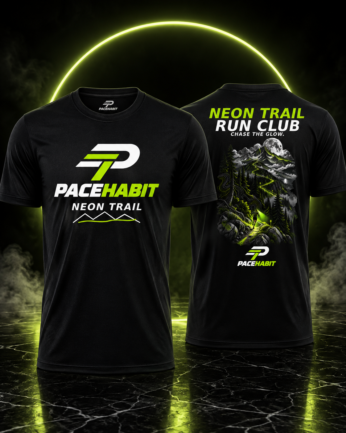 PACEHABIT Neon Trail Run Club running tee front and back view in black