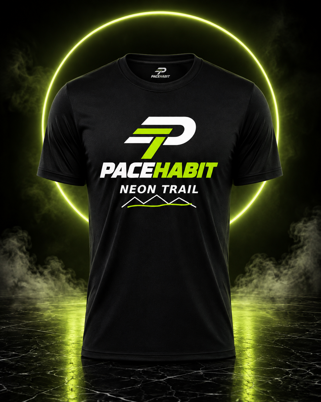 PACEHABIT Neon Trail Run Club running tee front view with neon lime and white design
