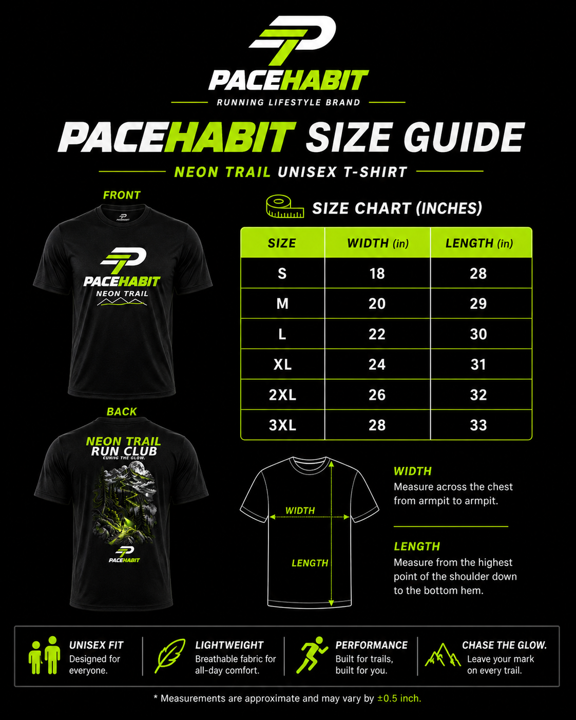 PACEHABIT Neon Trail Run Club unisex running tee size guide