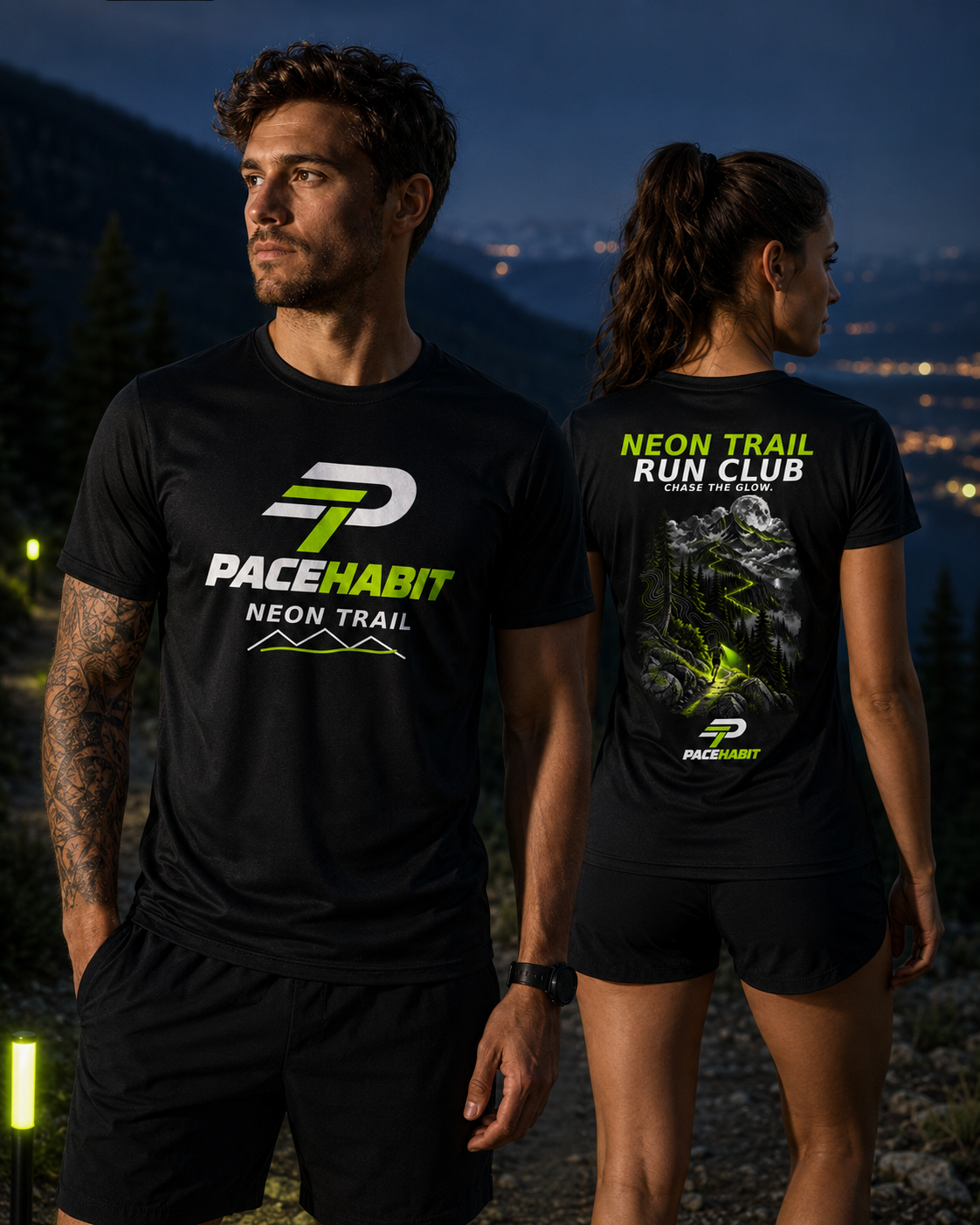 PACEHABIT Neon Trail Run Club unisex running tee fit on male and female models