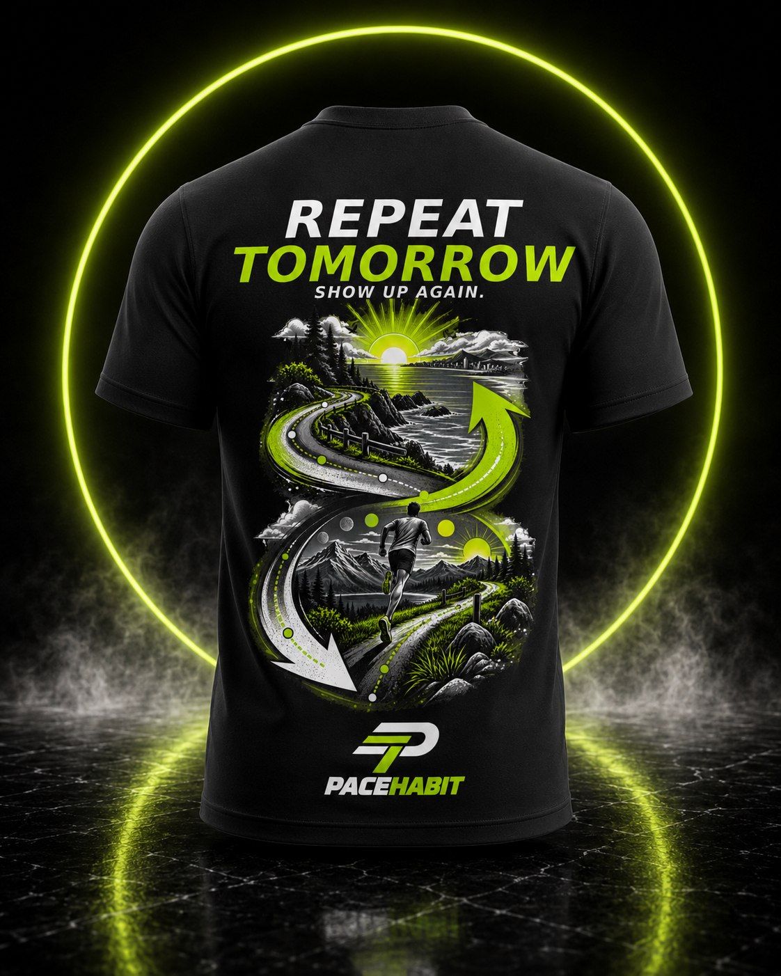 PACEHABIT Repeat Tomorrow running tee back view with road and runner artwork