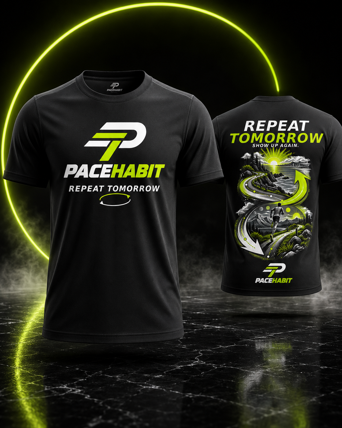 PACEHABIT Repeat Tomorrow running tee front and back view in black