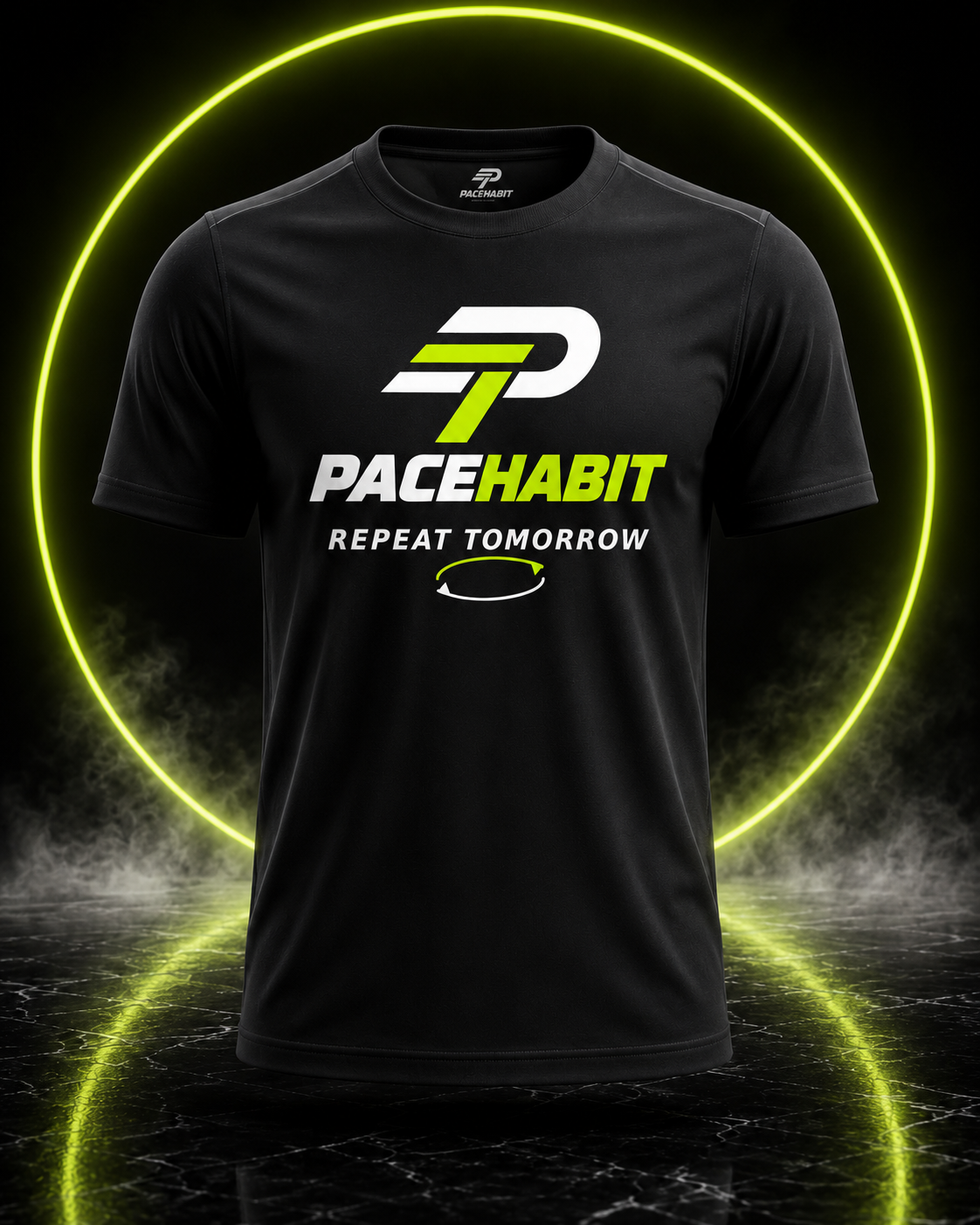 PACEHABIT Repeat Tomorrow running tee front view with neon lime and white design