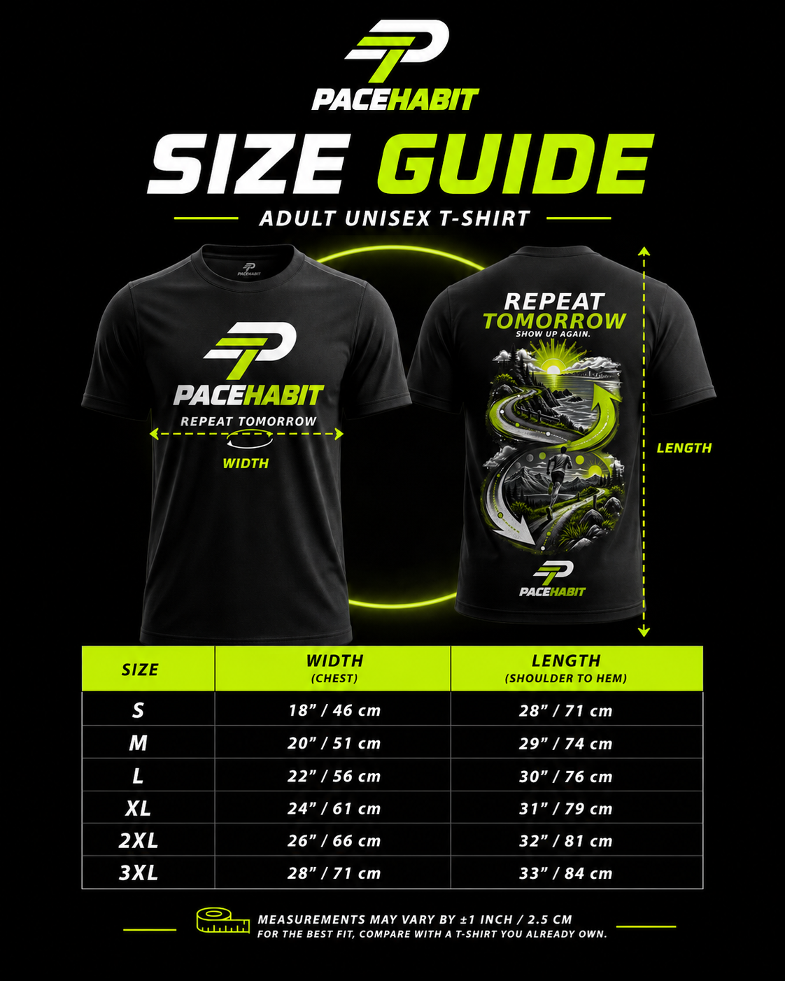 PACEHABIT Repeat Tomorrow unisex running tee size guide
