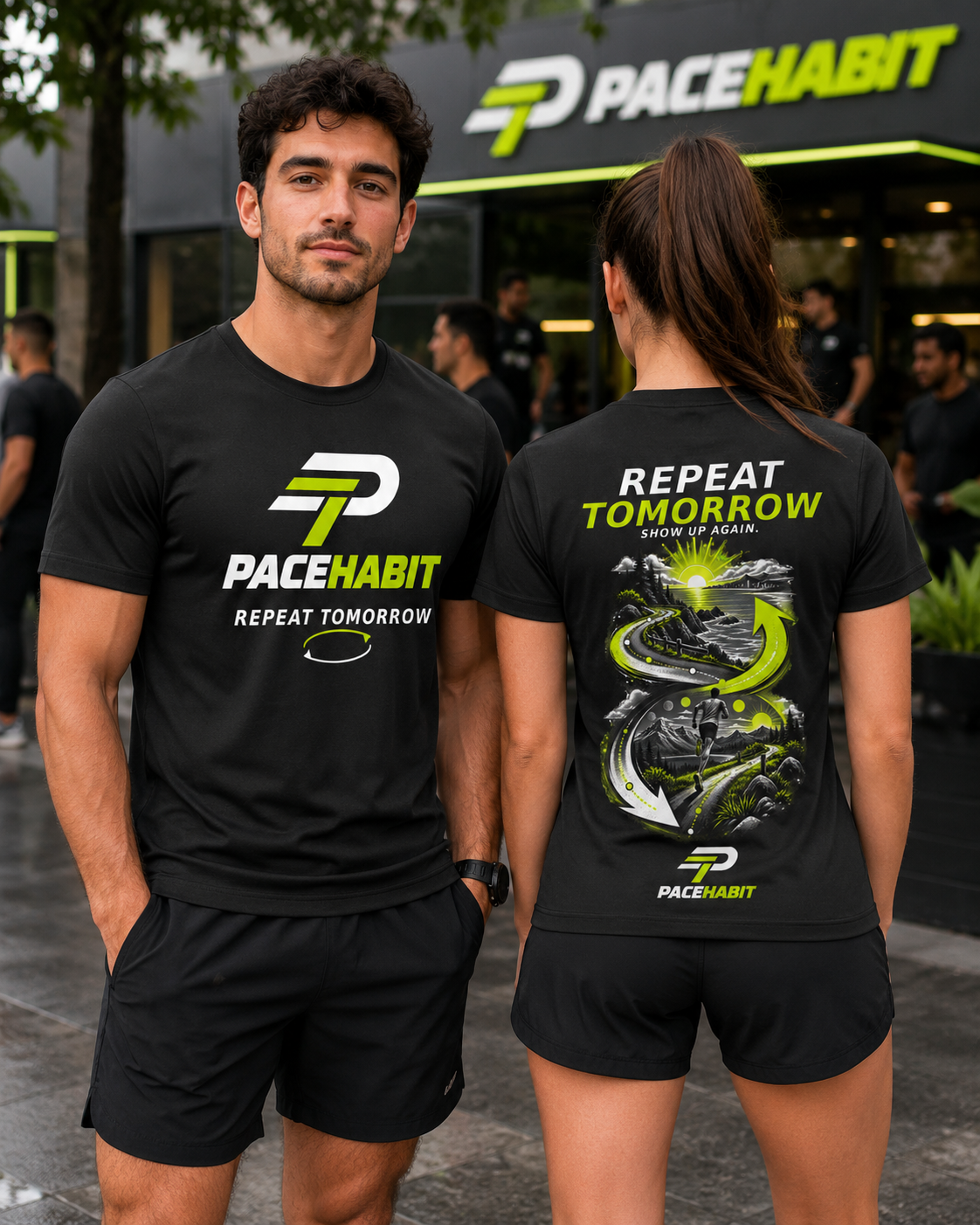 PACEHABIT Repeat Tomorrow unisex running tee fit on male and female models