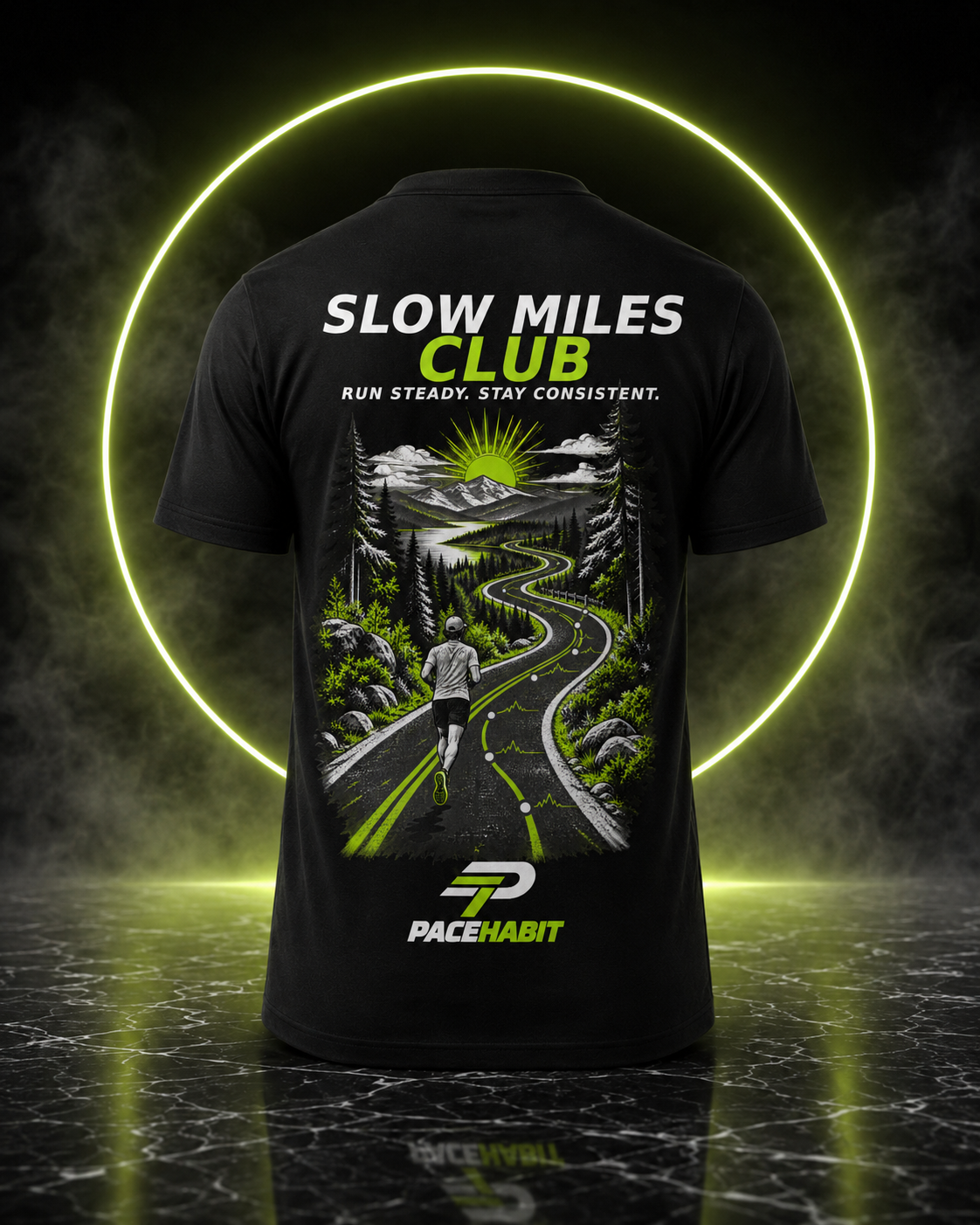 PACEHABIT Slow Miles Club running tee back view with road running artwork