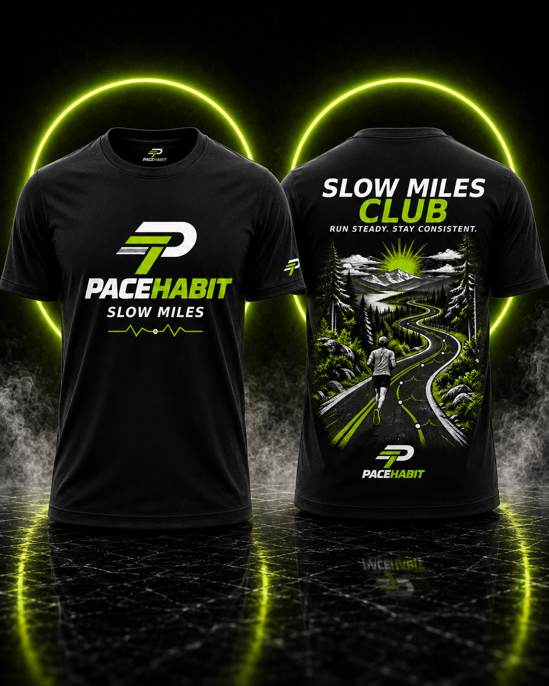 PACEHABIT Slow Miles Club running tee front and back view in black