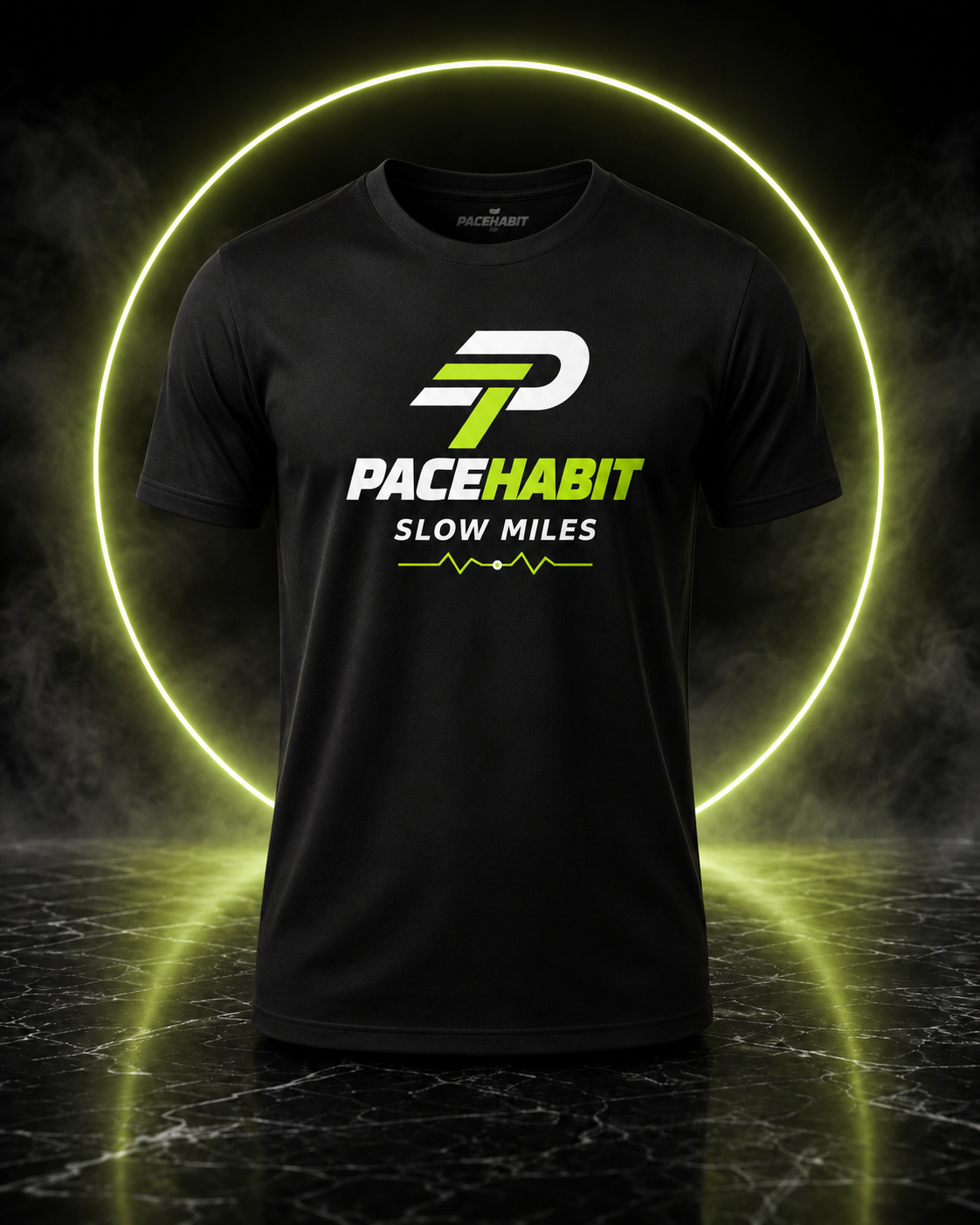 PACEHABIT Slow Miles Club running tee front view with neon lime and white design