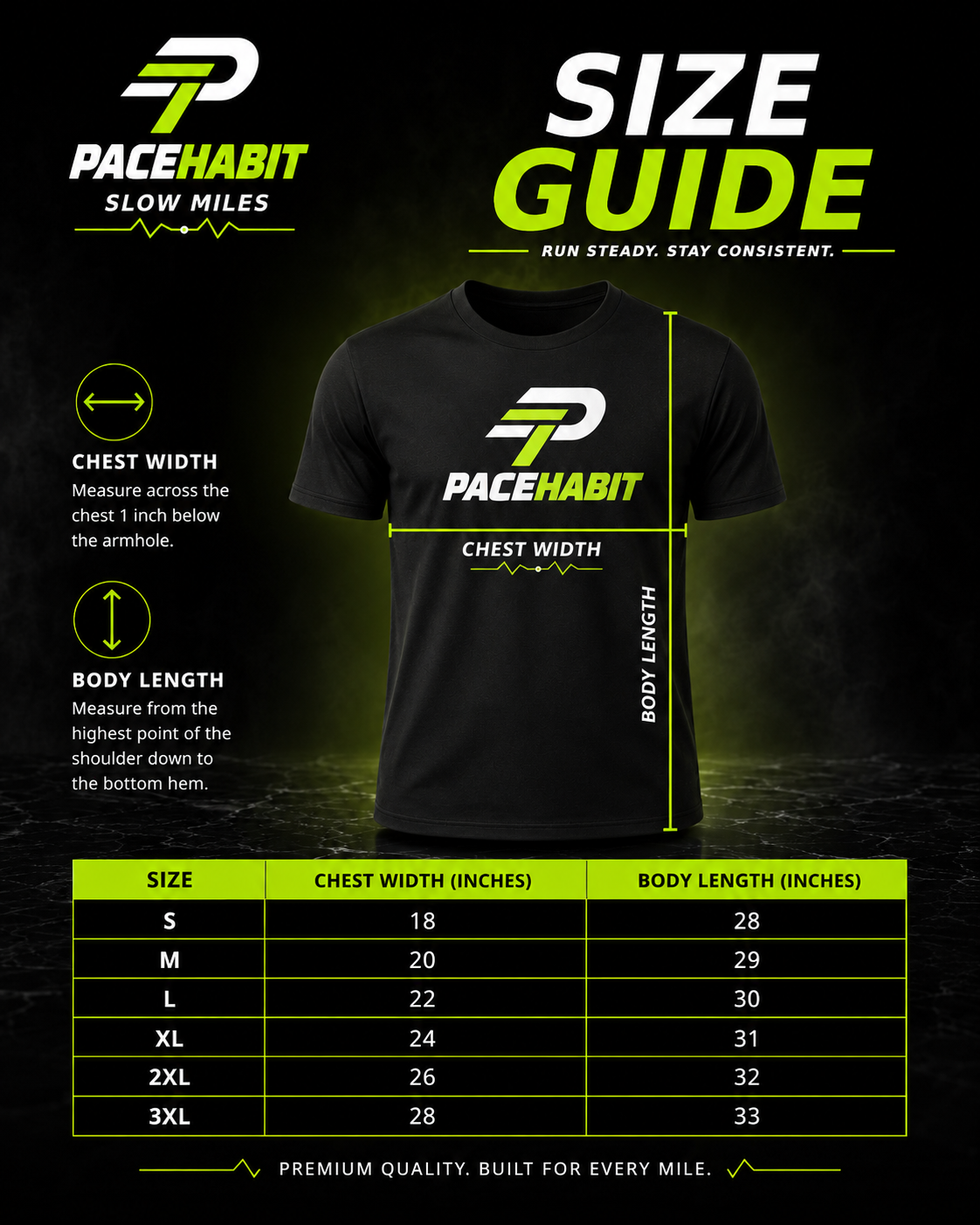 PACEHABIT Slow Miles Club unisex running tee size guide