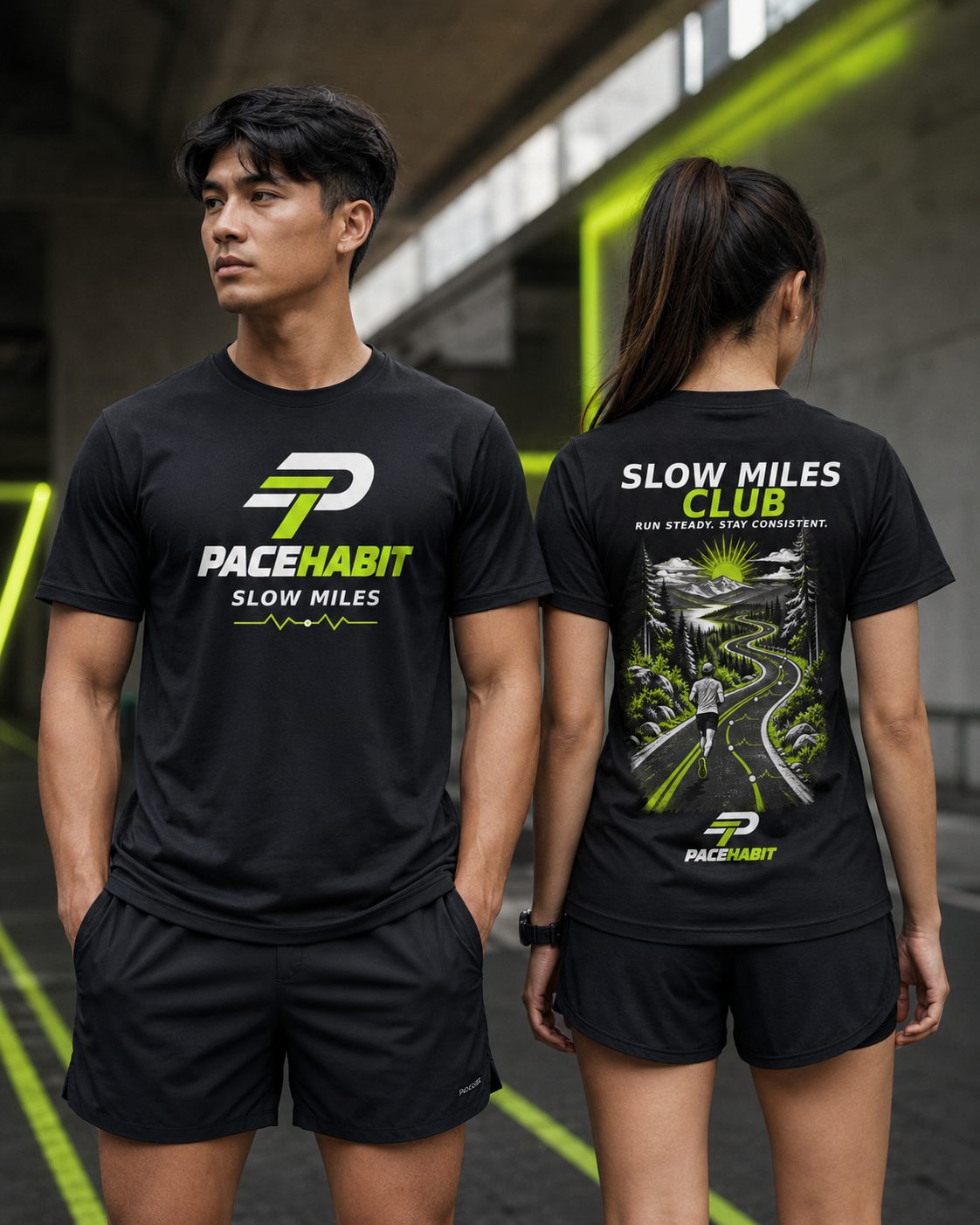 PACEHABIT Slow Miles Club unisex running tee fit on male and female models