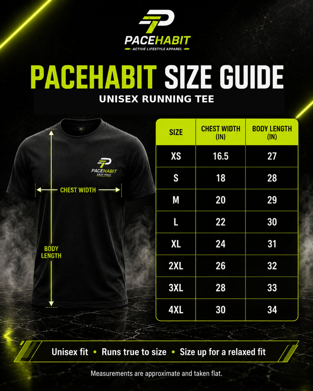 PACEHABIT Slow Miles Club Running Tee unisex size guide XS to 4XL