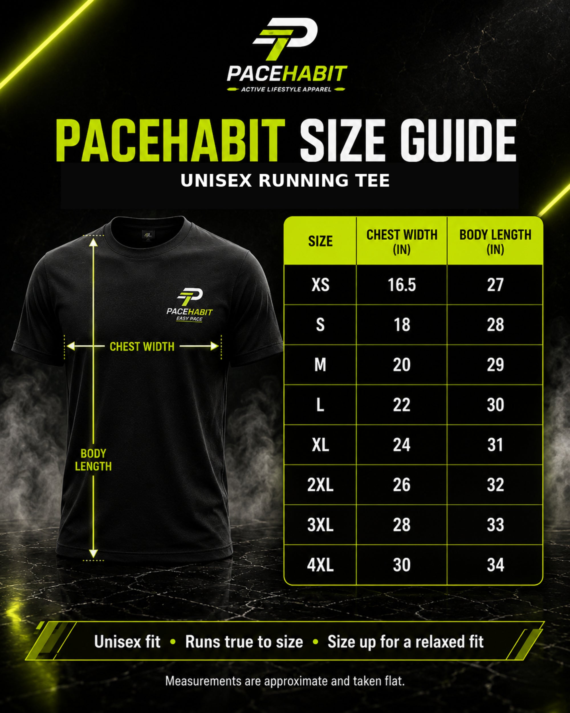 PACEHABIT Endure the Boring Running Tee unisex size guide XS to 4XL