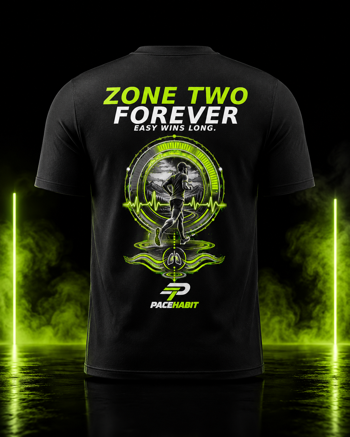 PACEHABIT Zone Two Forever running tee back view with endurance running artwork
