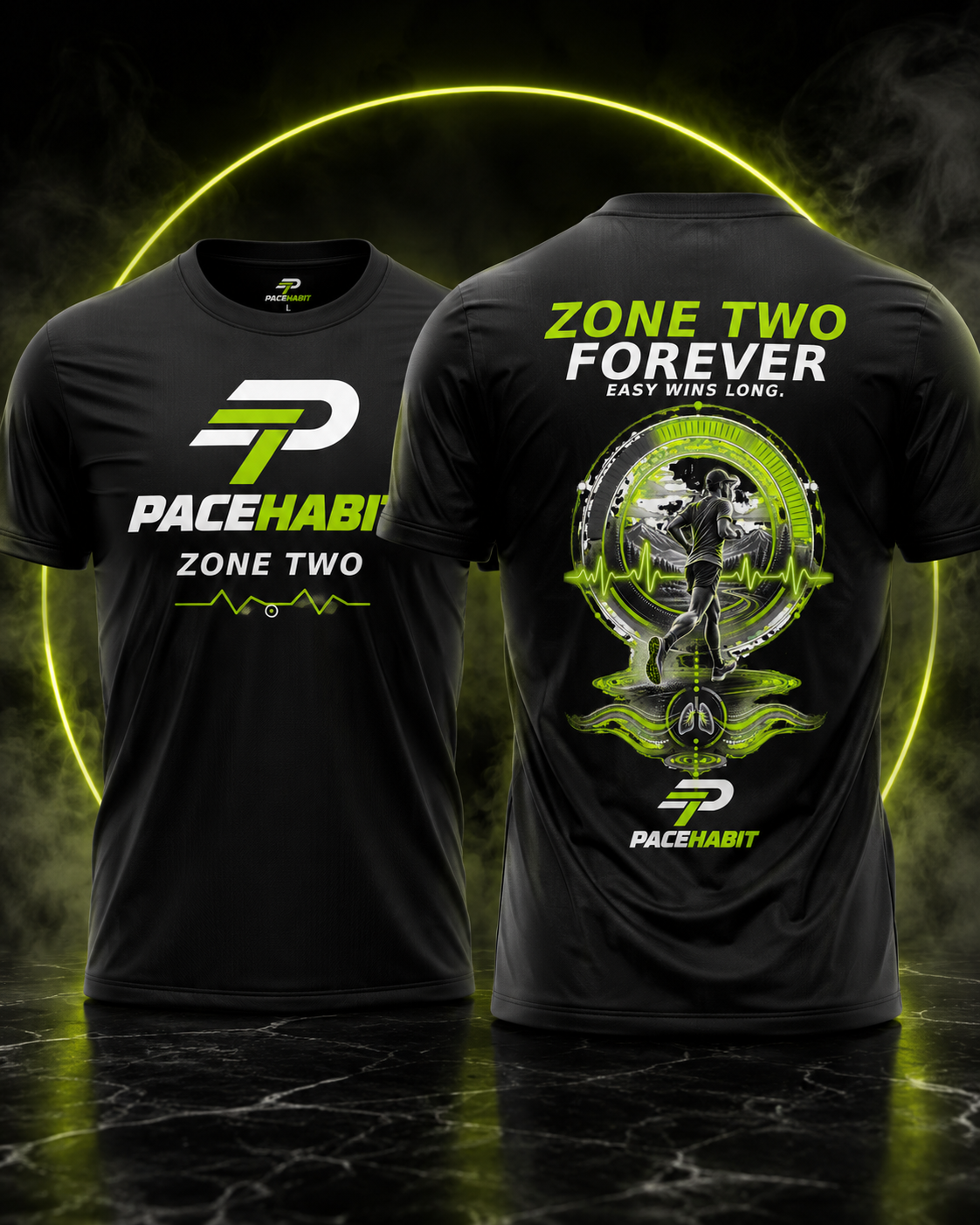 PACEHABIT Zone Two Forever running tee front and back view in black