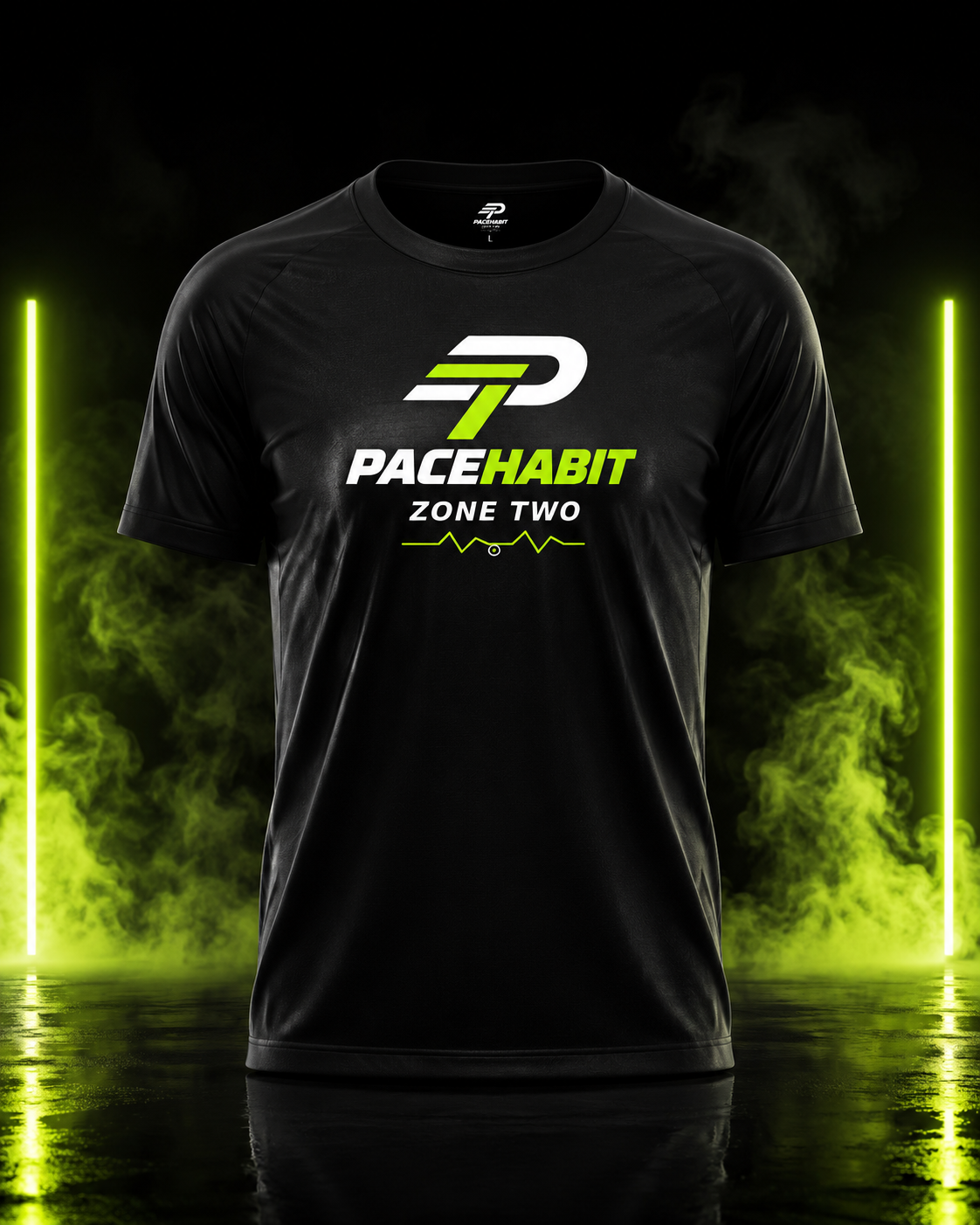 PACEHABIT Zone Two Forever running tee front view with neon lime and white design